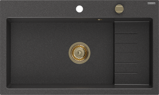 Mexen Omar granitinis plautuvės vienos kameros 800 x 480 mm, juodas taškuotas, auksinis sifonas - 6520801005-76-G