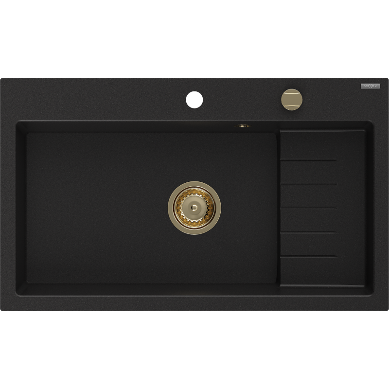 Mexen Omar granitinė plautuvė 1-dubuo 800 x 480 mm, juoda, aukso sifonas - 6520801005-77-G