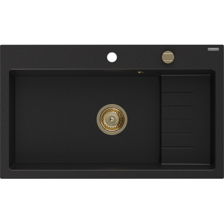 Mexen Omar granitinė plautuvė 1-dubuo 800 x 480 mm, juoda, aukso sifonas - 6520801005-77-G