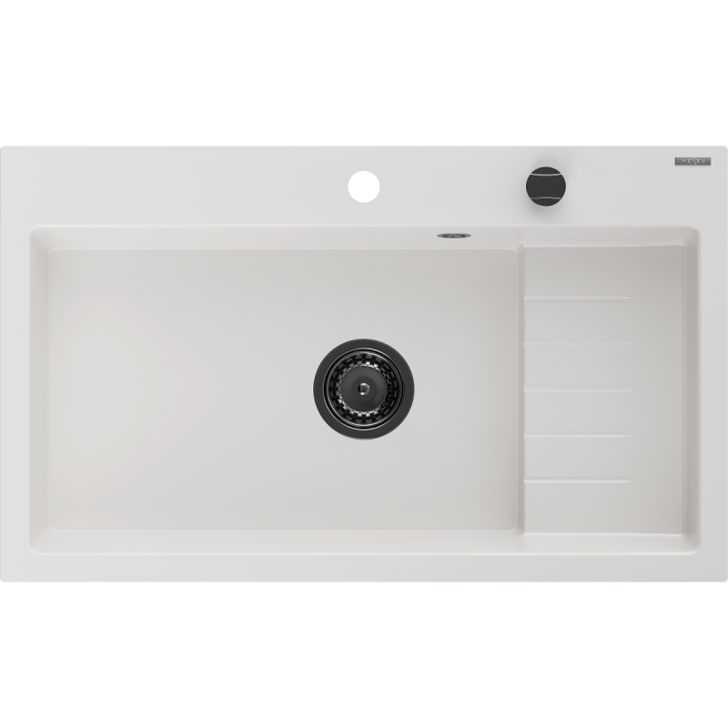 Mexen Omar granitinis vienos plautuvės kriauklė 800 x 480 mm, balta, sifonas juodas - 6520801005-20-B