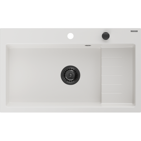 Mexen Omar granitinis vienos plautuvės kriauklė 800 x 480 mm, balta, sifonas juodas - 6520801005-20-B