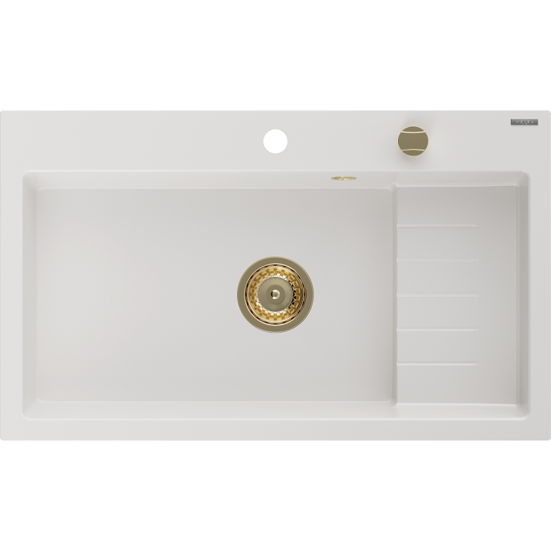 Mexen Omar granito plautuvė vienos kameros 800 x 480 mm, balta, aukso sifonas - 6520801005-20-G