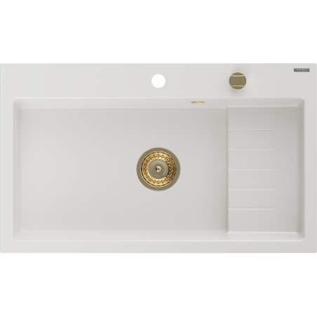 Mexen Omar granito plautuvė vienos kameros 800 x 480 mm, balta, aukso sifonas - 6520801005-20-G