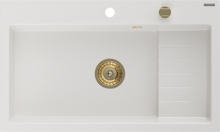 Mexen Omar granito plautuvė vienos kameros 800 x 480 mm, balta, aukso sifonas - 6520801005-20-G