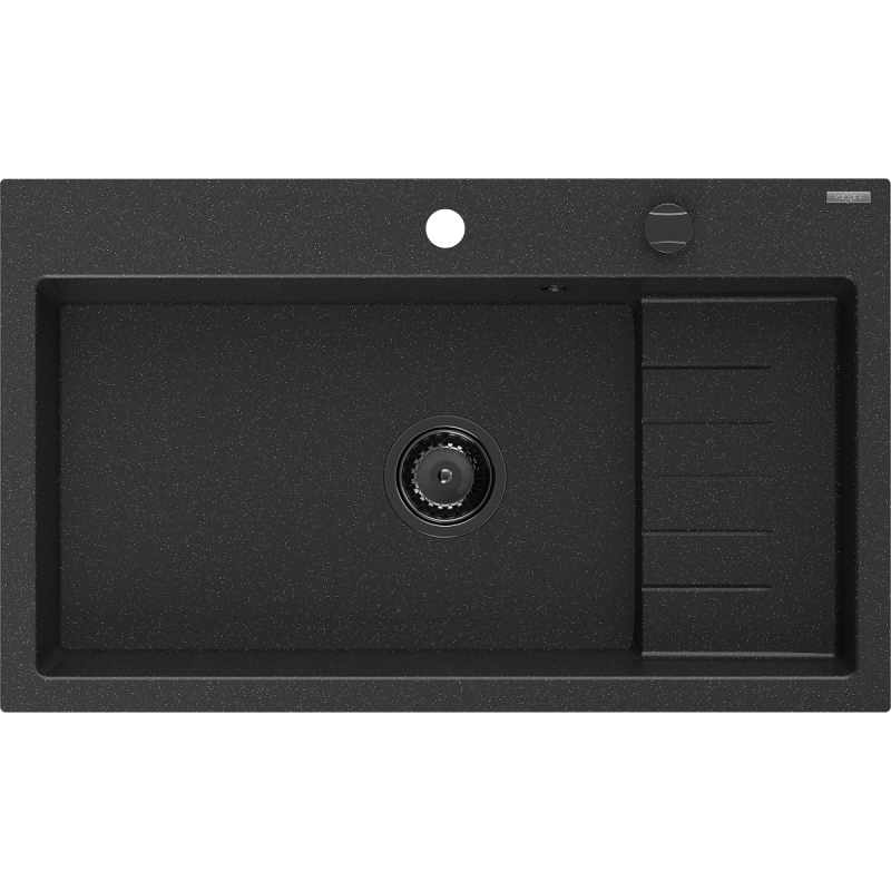 Mexen Omar granito plautuvė vienos kameros 800 x 480 mm, juoda/sidabro metalikas, juodas sifonas - 6520801005-73-B