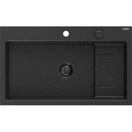 Mexen Omar granito plautuvė 1-skyrelis 800 x 480 mm, juoda/sidabrinis metalikas, juodas sifonas - 6520801005-73-B