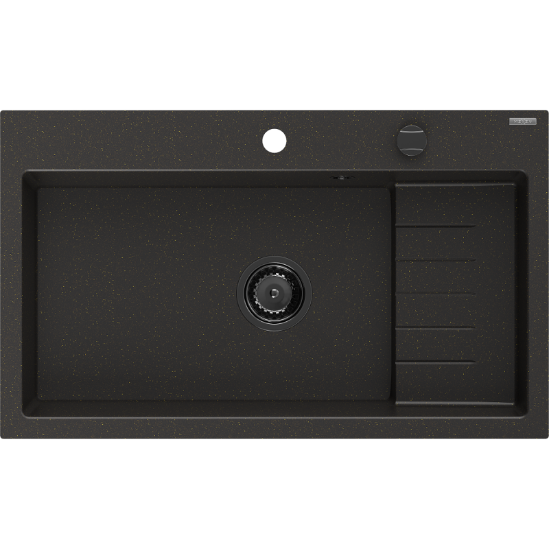 Mexen Omar granitinis virtuvės kriauklė, vieno skyriaus, 800 x 480 mm, juoda/auksinė metalika, juodas sifonas - 6520801005-75-B