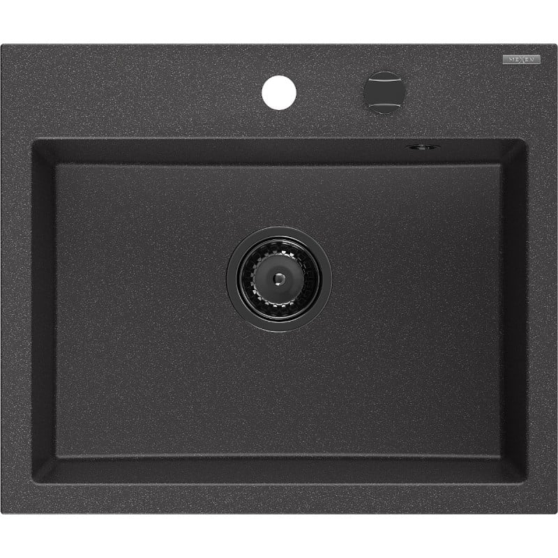 Mexen Oscar granitinė virtuvės kriauklė 1-skyrius, 580 x 490 mm, juoda su taškeliais, juodas sifonas - 6519581000-76-B
