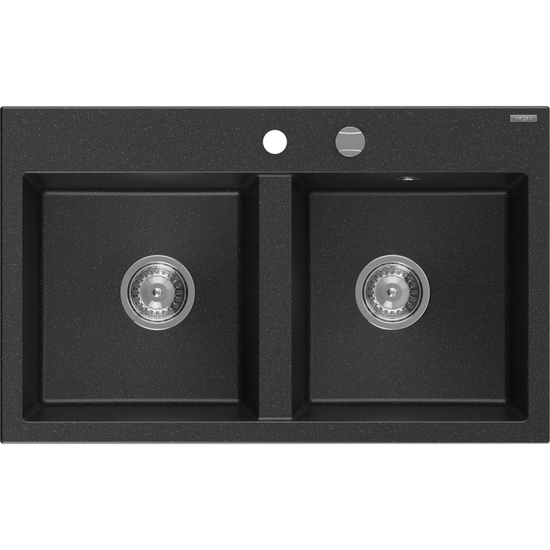 Mexen Hektor dviejų skyrių granitinė kriauklė 800 x 480 mm, juoda/sidabrinė metalizuota, chromuotas sifonas - 6521802000-73