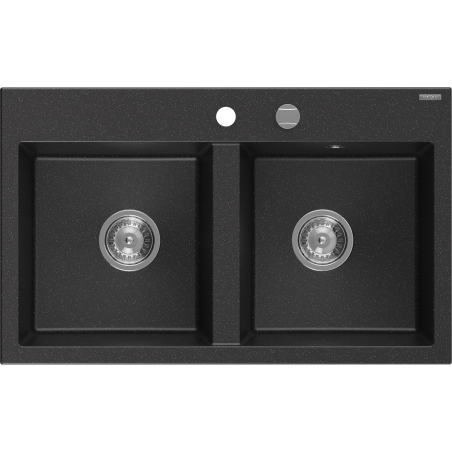 Mexen Hektor dviejų skyrių granitinė kriauklė 800 x 480 mm, juoda/sidabrinė metalizuota, chromuotas sifonas - 6521802000-73