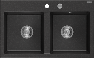 Mexen Hektor dviejų skyrių granitinė kriauklė 800 x 480 mm, juoda/sidabrinė metalizuota, chromuotas sifonas - 6521802000-73