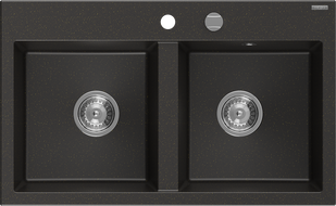 Mexen Hektor granitine kriauklė, 2 skyrių, 800 x 480 mm, juoda/auksinis metalikas, chromuotas sifonas - 6521802000-75