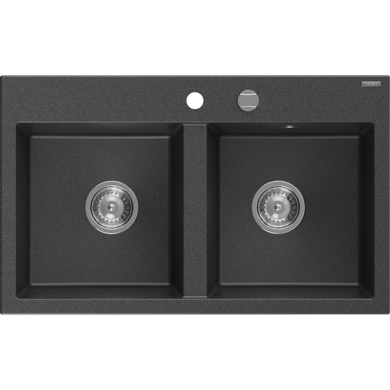 Mexen Hektor granitinė virtuvinė kriauklė 2-jų kamerų 800 x 480 mm, juoda su dėmelėmis, chromuotas sifonas - 6521802000-76