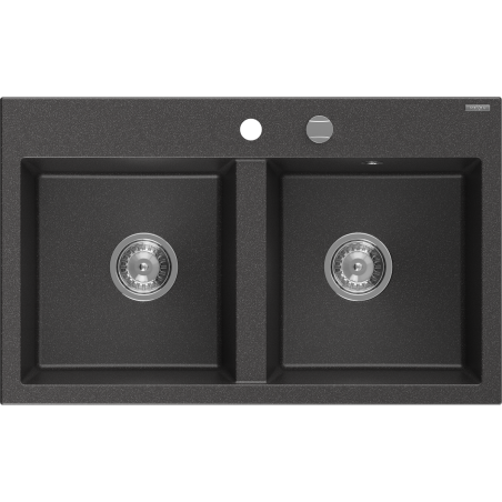 Mexen Hektor granitinė virtuvinė kriauklė 2-jų kamerų 800 x 480 mm, juoda su dėmelėmis, chromuotas sifonas - 6521802000-76