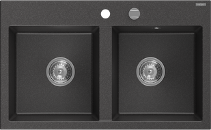 Mexen Hektor granitinė virtuvinė kriauklė 2-jų kamerų 800 x 480 mm, juoda su dėmelėmis, chromuotas sifonas - 6521802000-76