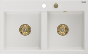 Mexen Hektor granitinė dviejų skyrių kriauklė 800 x 480 mm, balta, auksinis sifonas - 6521802000-20-G