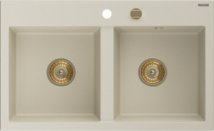 Mexen Hektor granitinė dviejų skyrių kriauklė 800 x 480 mm, smėlio spalvos, auksinis sifonas - 6521802000-69-G