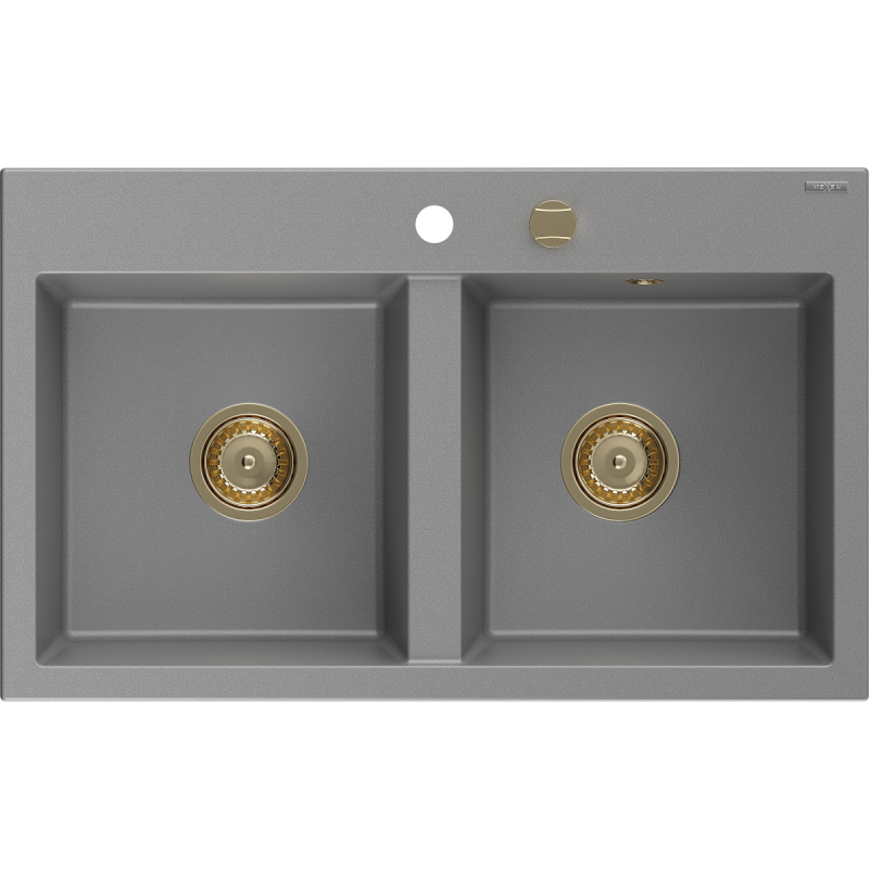 Mexen Hektor granito plautuvė 2 kamerų 800 x 480 mm, pilka, auksinė sifonas - 6521802000-71-G