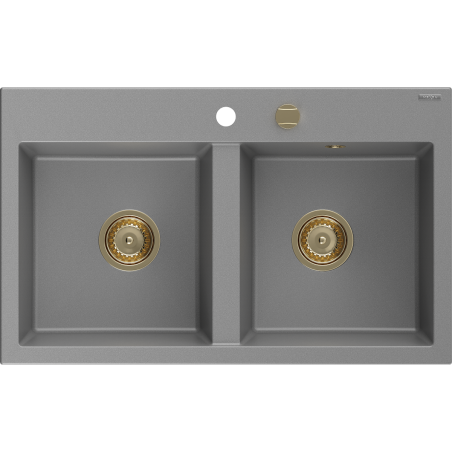 Mexen Hektor granito plautuvė 2 kamerų 800 x 480 mm, pilka, auksinė sifonas - 6521802000-71-G