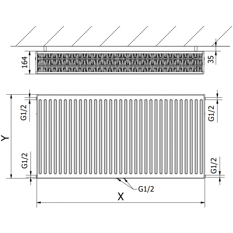 Mexen CC33 plokščias radiatorius 900 x 1000 mm, apatinis centrinis sujungimas, 3182 W, baltas - W6C33-090-100-00