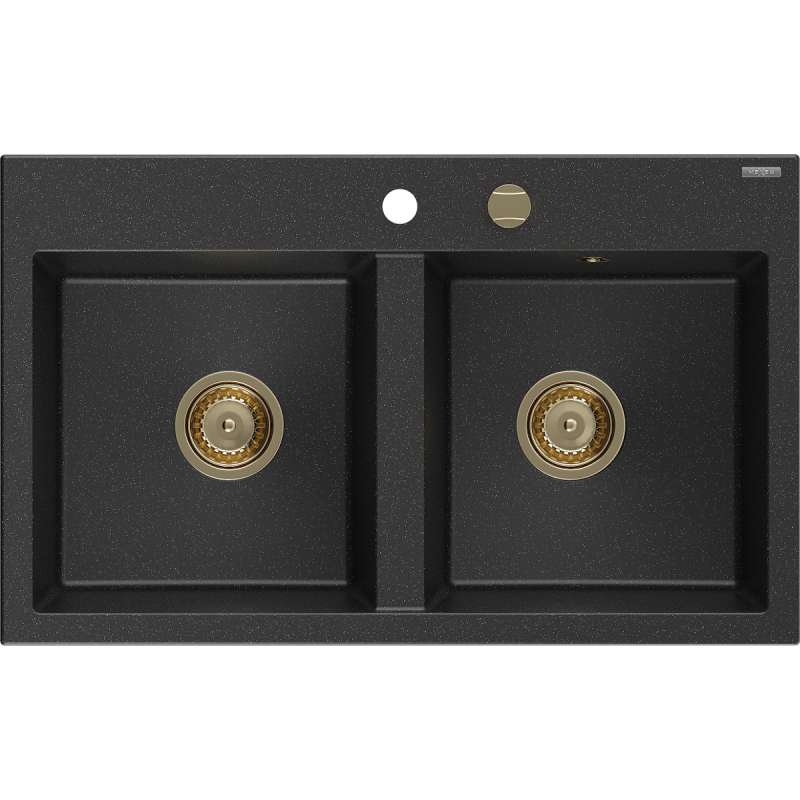 Mexen Hektor granitinis dviejų kamerų plautuvė 800 x 480 mm, juoda/sidabrinė metalo spalva, auksinis sifonas - 6521802000-73-G