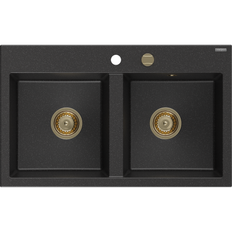 Mexen Hektor granitinis dviejų kamerų plautuvė 800 x 480 mm, juoda/sidabrinė metalo spalva, auksinis sifonas - 6521802000-73-G