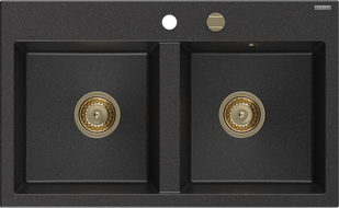 Mexen Hektor granitinis dviejų kamerų plautuvė 800 x 480 mm, juoda/sidabrinė metalo spalva, auksinis sifonas - 6521802000-73-G