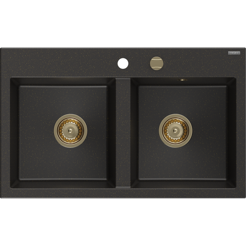 Mexen Hektor dviejų kamerų granitinis plautuvas 800 x 480 mm, juodas/auksinė metalo spalva, sifonas auksinis - 6521802000-75-G