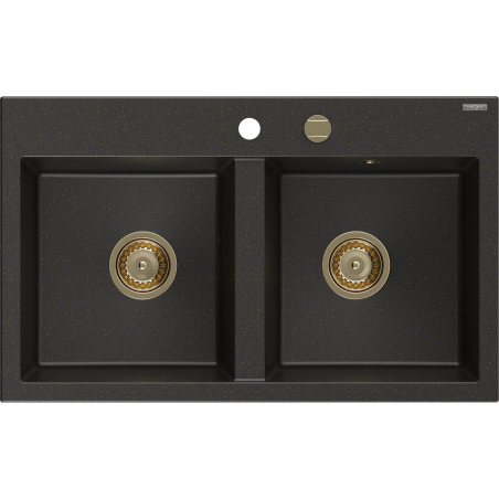Mexen Hektor dviejų kamerų granitinis plautuvas 800 x 480 mm, juodas/auksinė metalo spalva, sifonas auksinis - 6521802000-75-G