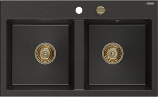 Mexen Hektor granitinė dviejų skyrių plautuvė 800 x 480 mm, juoda/auksinė metalo spalvos, sifonas auksinis