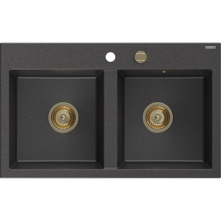 Mexen Hektor dviejų kamerų granito virtuvinė kriauklė 800 x 480 mm, juoda su taškeliais, auksinis sifonas - 6521802000-76-G
