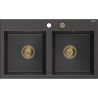 Mexen Hektor dviejų kamerų granito virtuvinė kriauklė 800 x 480 mm, juoda su taškeliais, auksinis sifonas - 6521802000-76-G