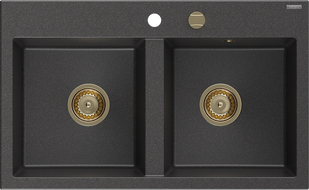 Mexen Hektor dviejų kamerų granito virtuvinė kriauklė 800 x 480 mm, juoda su taškeliais, auksinis sifonas - 6521802000-76-G