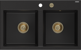 Mexen Hektor granitinė dviejų skyrių kriauklė 800 x 480 mm, juoda, auksinis sifonas - 6521802000-77-G