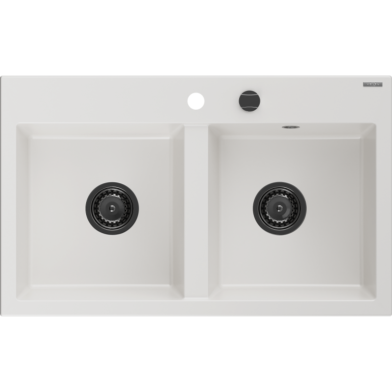 Mexen Hektor granito plautuvė 2-jų skyrių 800 x 480 mm, balta, juodas sifonas - 6521802000-20-B