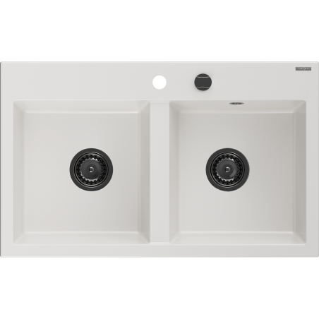 Mexen Hektor granito plautuvė 2-jų skyrių 800 x 480 mm, balta, juodas sifonas - 6521802000-20-B