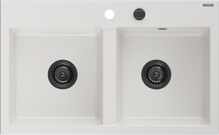 Mexen Hektor granito plautuvė 2-jų skyrių 800 x 480 mm, balta, juodas sifonas - 6521802000-20-B