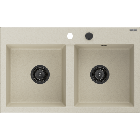 Mexen Hektor granitinė dviejų skyrelių plautuvė 800 x 480 mm, smėlio spalvos, juodas sifonas - 6521802000-69-B