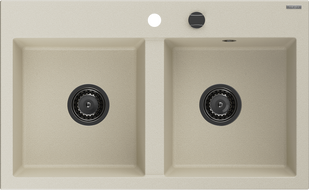 Mexen Hektor granitinė dviejų skyrelių plautuvė 800 x 480 mm, smėlio spalvos, juodas sifonas - 6521802000-69-B