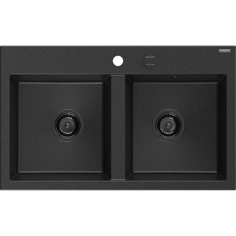 Mexen Hektor granitinė dviejų kamerų plautuvė 800 x 480 mm, juoda/sidabro metalo, juodas sifonas - 6521802000-73-B