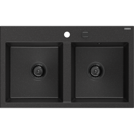 Mexen Hektor granitinė dviejų kamerų plautuvė 800 x 480 mm, juoda/sidabro metalo, juodas sifonas - 6521802000-73-B