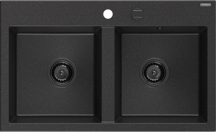 Mexen Hektor granitinė dviejų kamerų plautuvė 800 x 480 mm, juoda/sidabro metalo, juodas sifonas - 6521802000-73-B