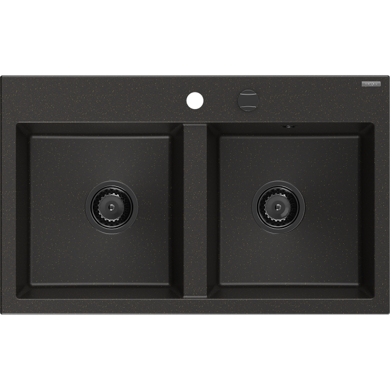 Mexen Hektor granitinė plautuvė 2 skyrių 800 x 480 mm, juoda/auksinė metalikas, juodas sifonas - 6521802000-75-B