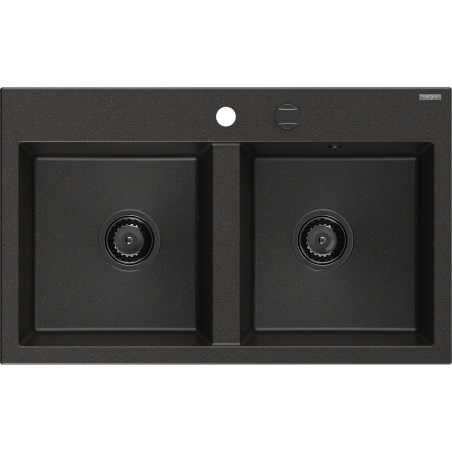 Mexen Hektor granitinė plautuvė 2 skyrių 800 x 480 mm, juoda/auksinė metalikas, juodas sifonas - 6521802000-75-B