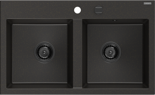 Mexen Hektor 2 kamerų granitinė plautuvė 800 x 480 mm, juoda/auksinis metalikas, juodas sifonas - 6521802000-75-B