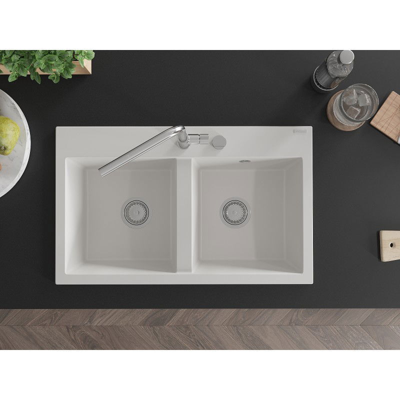 Mexen Hektor granitinė dviejų kamerų kriauklė 800 x 480 mm, balta, chromuotas sifonas - 6521802000-20