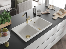 Mexen Hektor granitinė dviejų skyrių kriauklė 800 x 480 mm, balta, auksinis sifonas - 6521802000-20-G