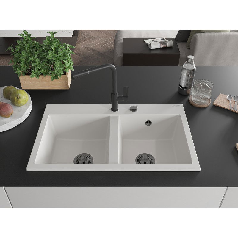 Mexen Hektor granito plautuvė 2-jų skyrių 800 x 480 mm, balta, juodas sifonas - 6521802000-20-B