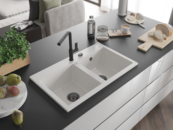 Mexen Hektor granito plautuvė 2-jų skyrių 800 x 480 mm, balta, juodas sifonas - 6521802000-20-B