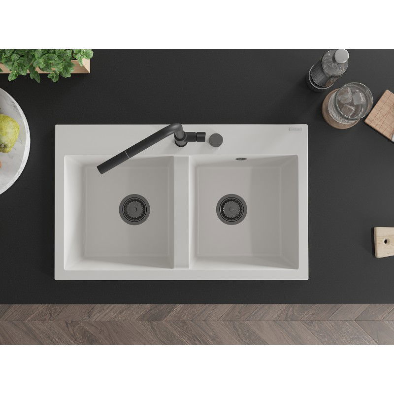 Mexen Hektor granito plautuvė 2-jų skyrių 800 x 480 mm, balta, juodas sifonas - 6521802000-20-B